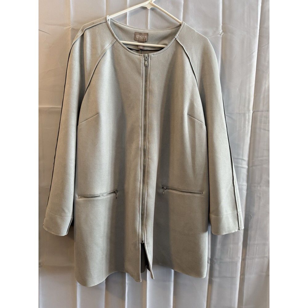 Chicos Womens 3 XL Jacket Blazer Top Faux Soft Leather Zipper Gray Long *descrip